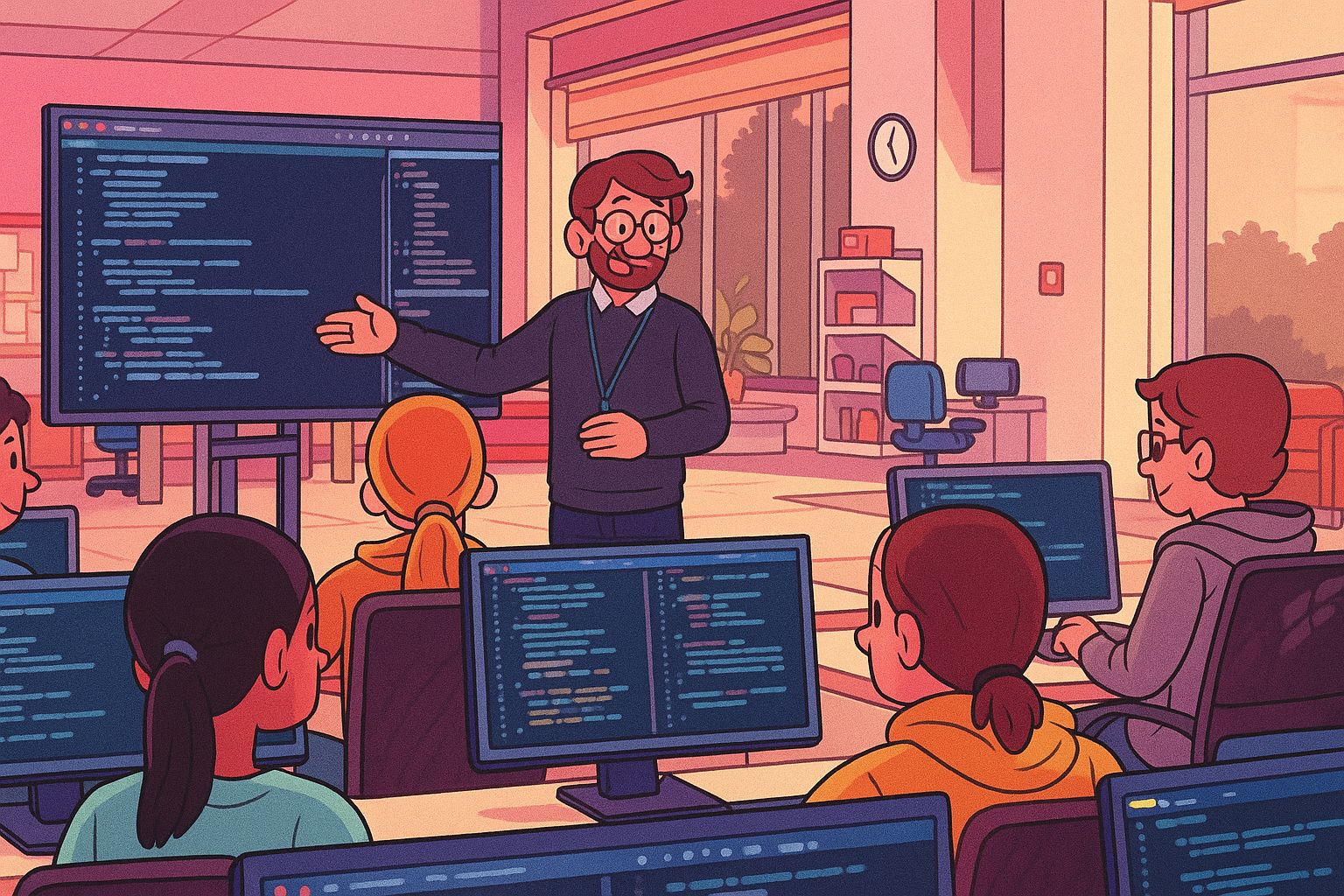 Un formateur présente des concepts de programmation devant un tableau interactif, tandis qu'un groupe d'étudiants suit attentivement sur leurs ordinateurs portables.